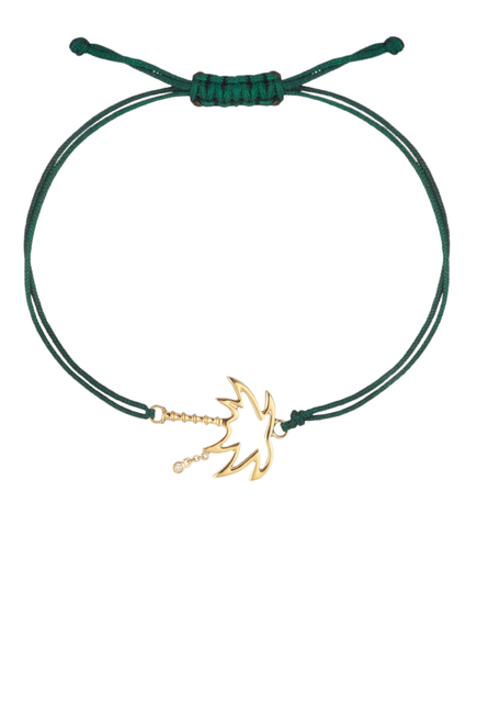 Palm Tree Green Cotton Cord Bracelet, 9k Yellow Gold with Diamonds